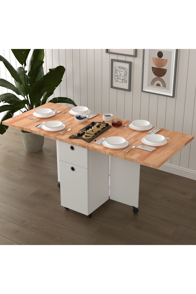 Masif Ahşap Tablalı Katlanır Masa - Çalışma Yemek Mutfak Masası ASRA TREND KM-23 KAYIN