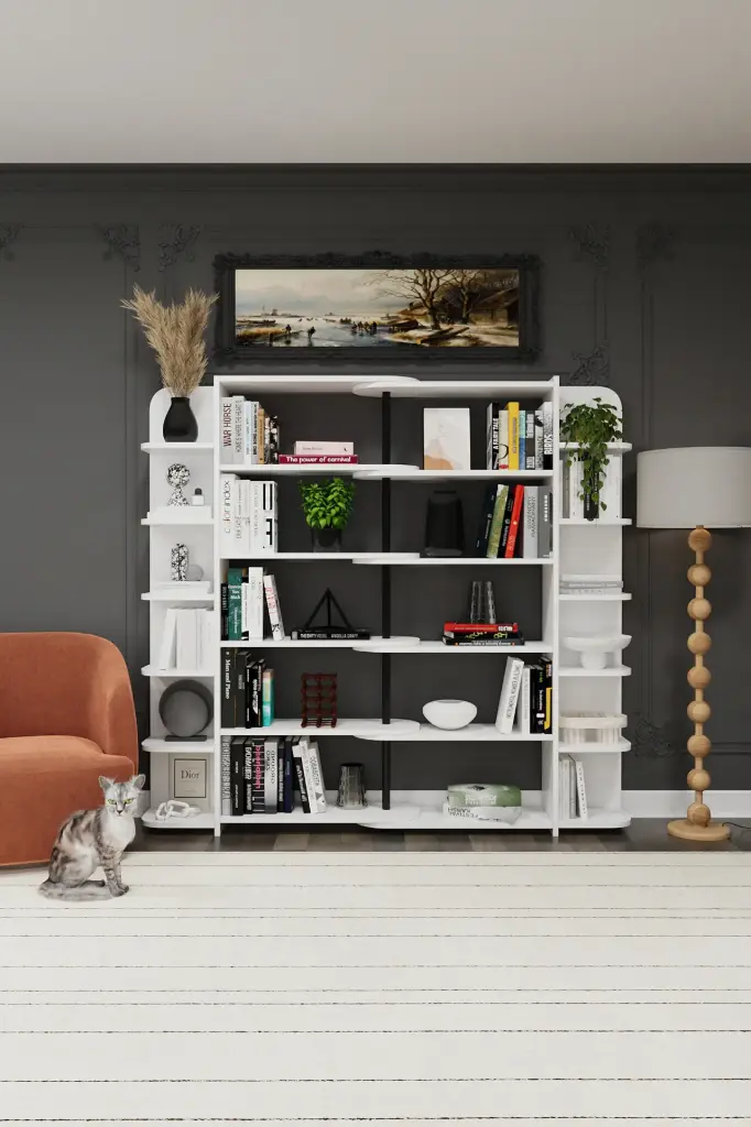 Asra Trend DK-01 Duvar/Köşe Modüler Kitaplık – 176 cm Geniş Ünite, 12 Yan Raf + 5 Merkezi Raf