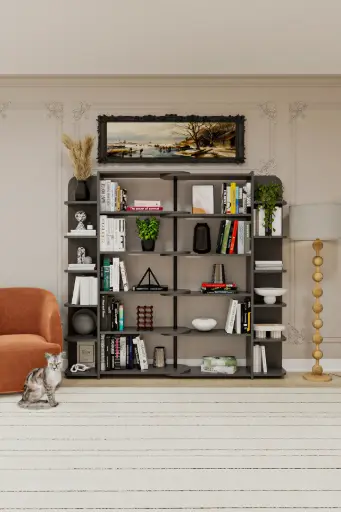 [DK01] Duvar/Köşe Modüler Kitaplık – 176 cm Geniş Ünite, 12 Yan Raf + 5 Merkezi Raf DK-01 